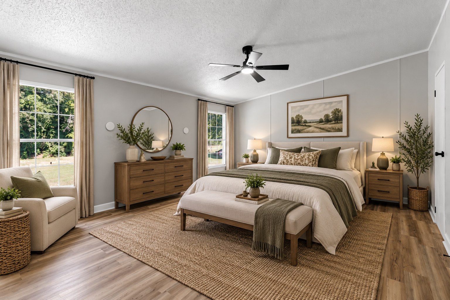Staged primary bedroom in a recent listing